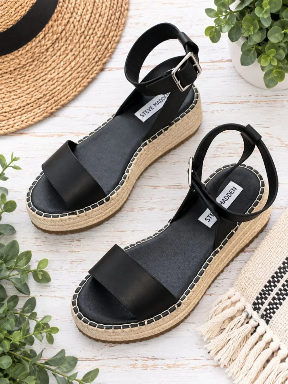 Steve Madden Black Espadrille Platform Sandals Ankle Strap Size 8.5